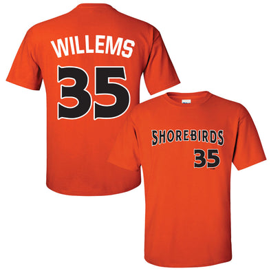 Delmarva Shorebirds CREED WILLEMS Orange Player T-Shirt #35
